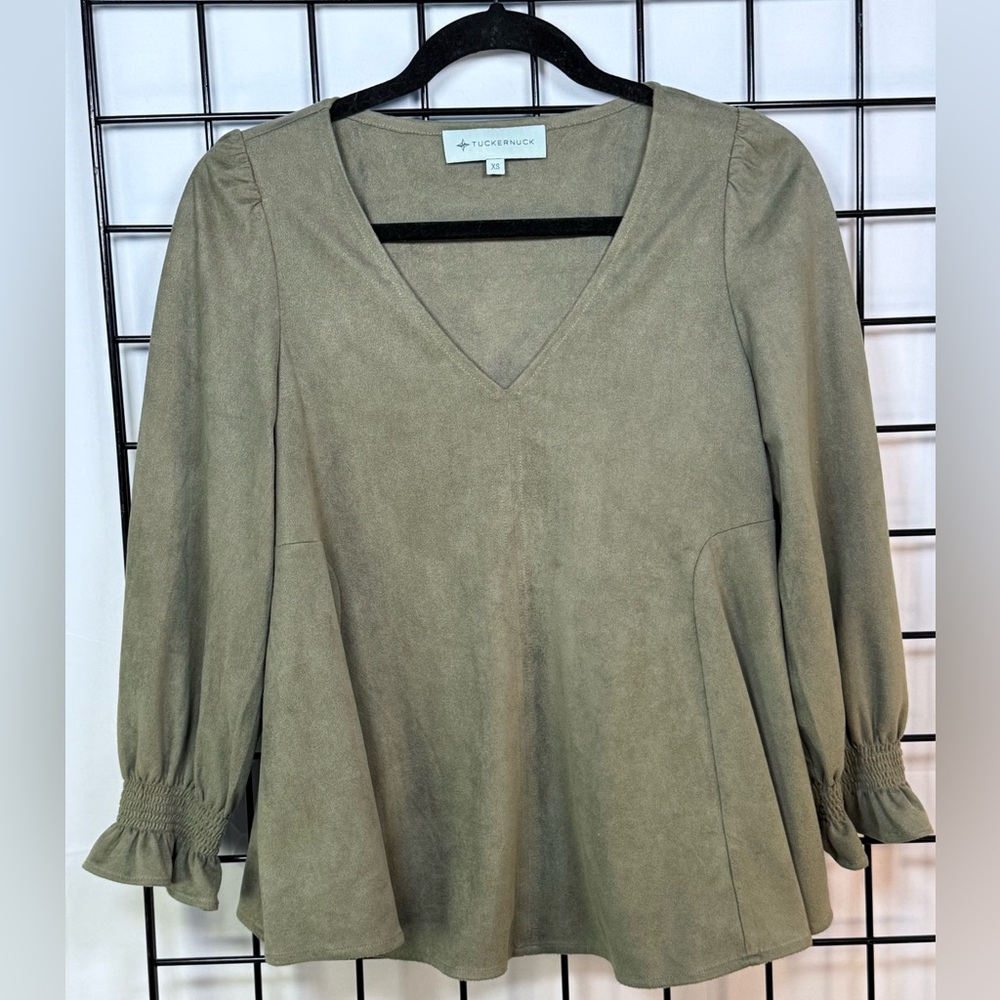 TUCKERNUCK Suede Easton Blouse Womens XS Olive Green Casual Boho Peasant